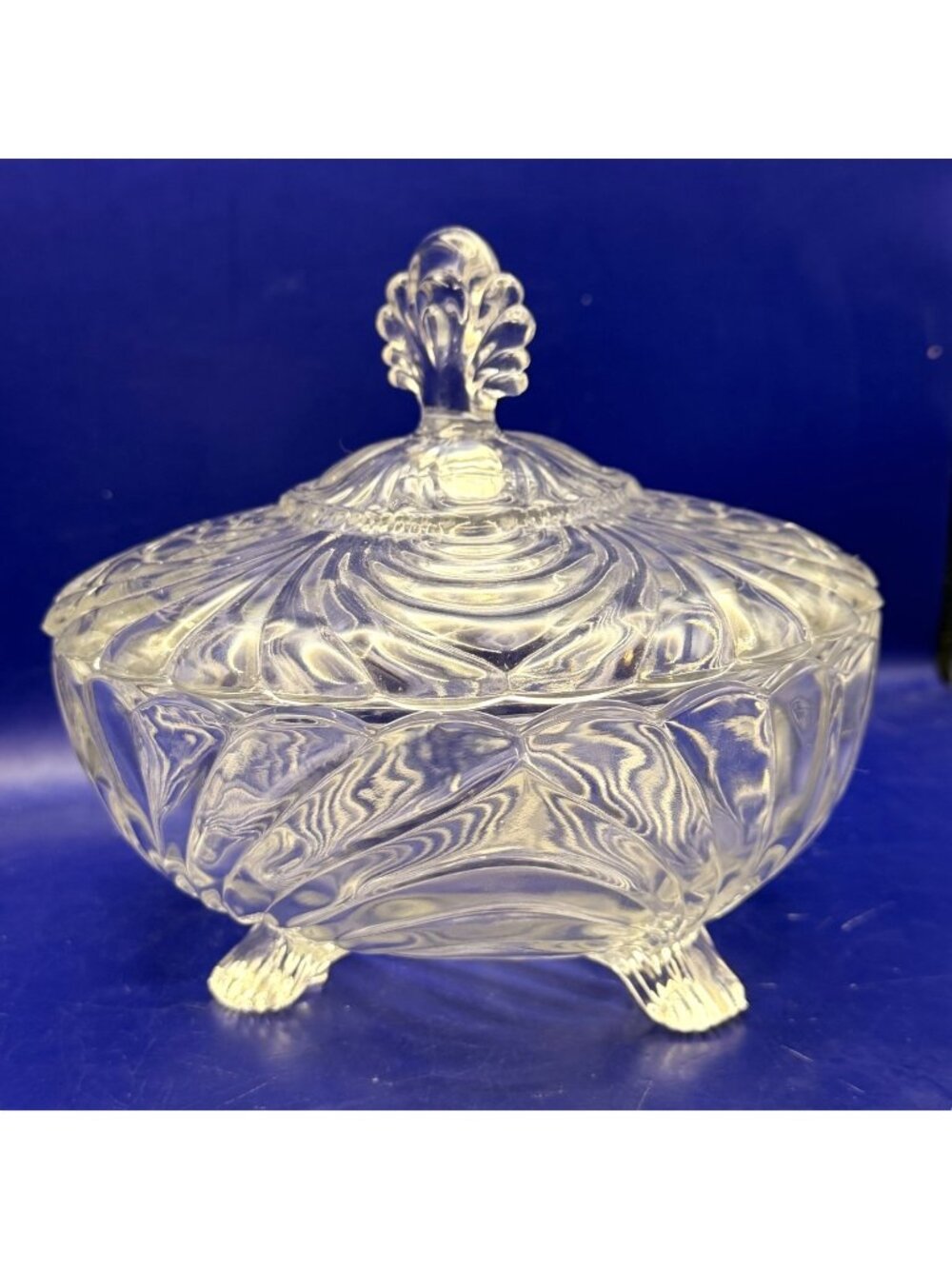 Vintage Clear Swirl Pressed Glass Footed Candy Dish Covered Bowl Finial Lid 6"